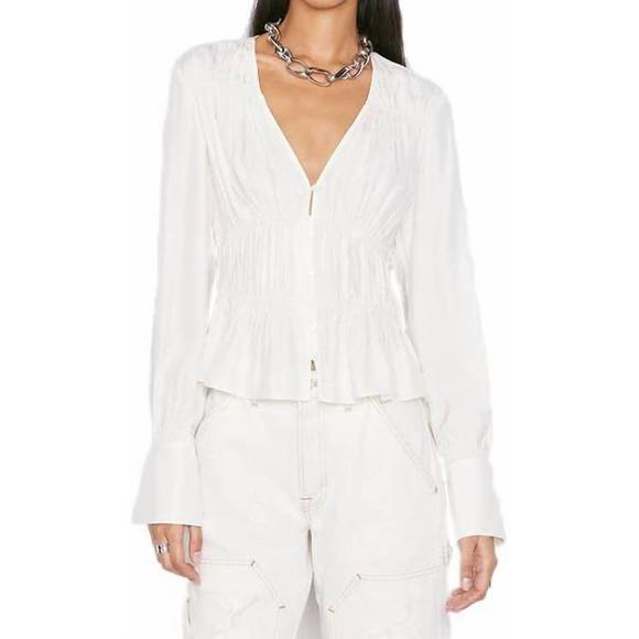 NEW FRAME ruched v-neck blouse in blanc